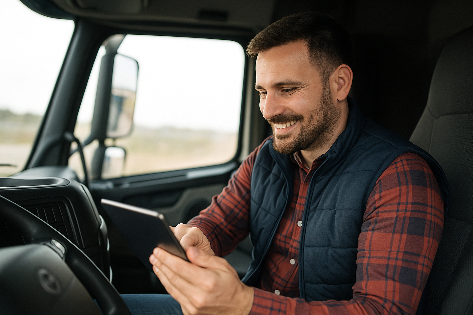 Transportista usando app en cabina