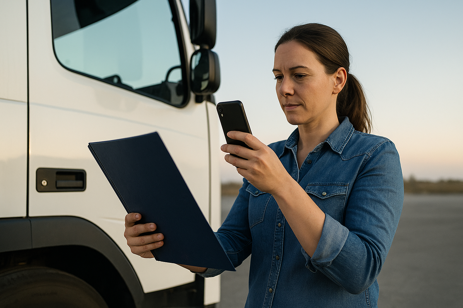 Transportista revisando documentos en el móvil